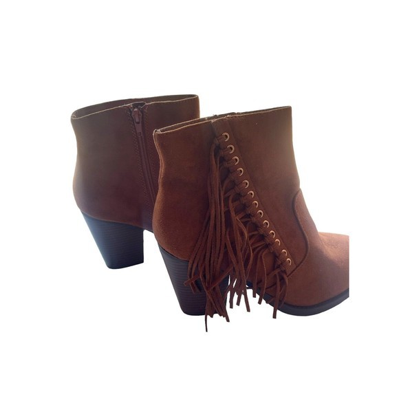 New Women Soda Dimple Cognac Suede Round Toe Fringe Western Ankle Bootie Size 10 - Picture 5 of 8